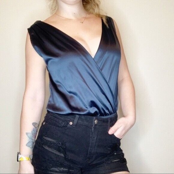 Zara Bodysuit Blue Sateen VNeck Sleeveless NWT - Picture 2 of 11